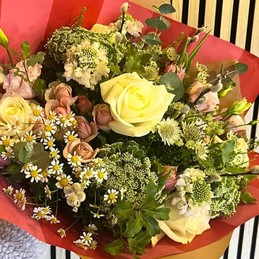 Bouquet of cream and peach roses, daisies and astrantia wrapped in red and pink paper